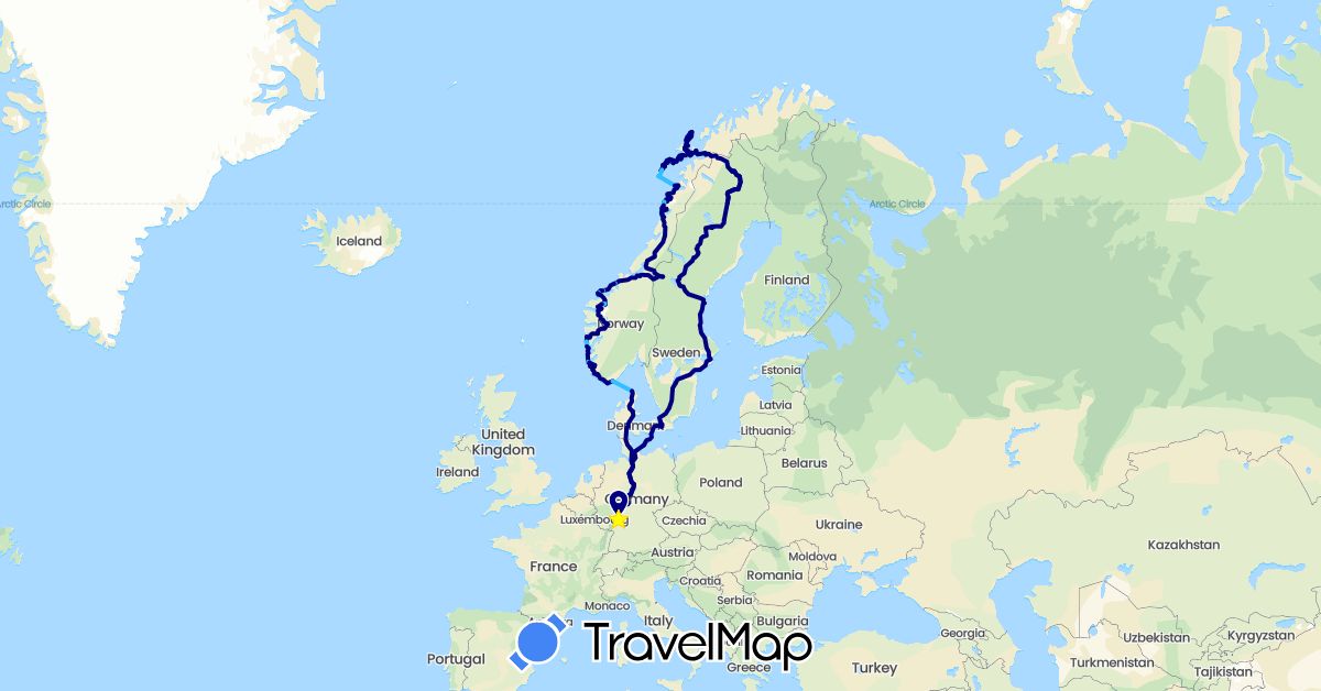 TravelMap itinerary: driving, boat in Germany, Denmark, Norway, Sweden (Europe)